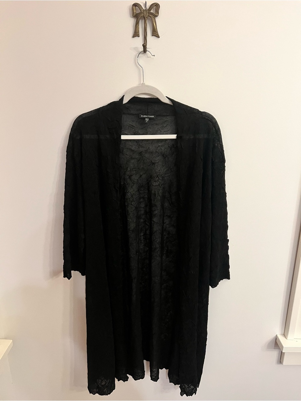 Eileen Fisher Black Sheer Crinkle Open Front Long Cardigan XL Italian Yarn
